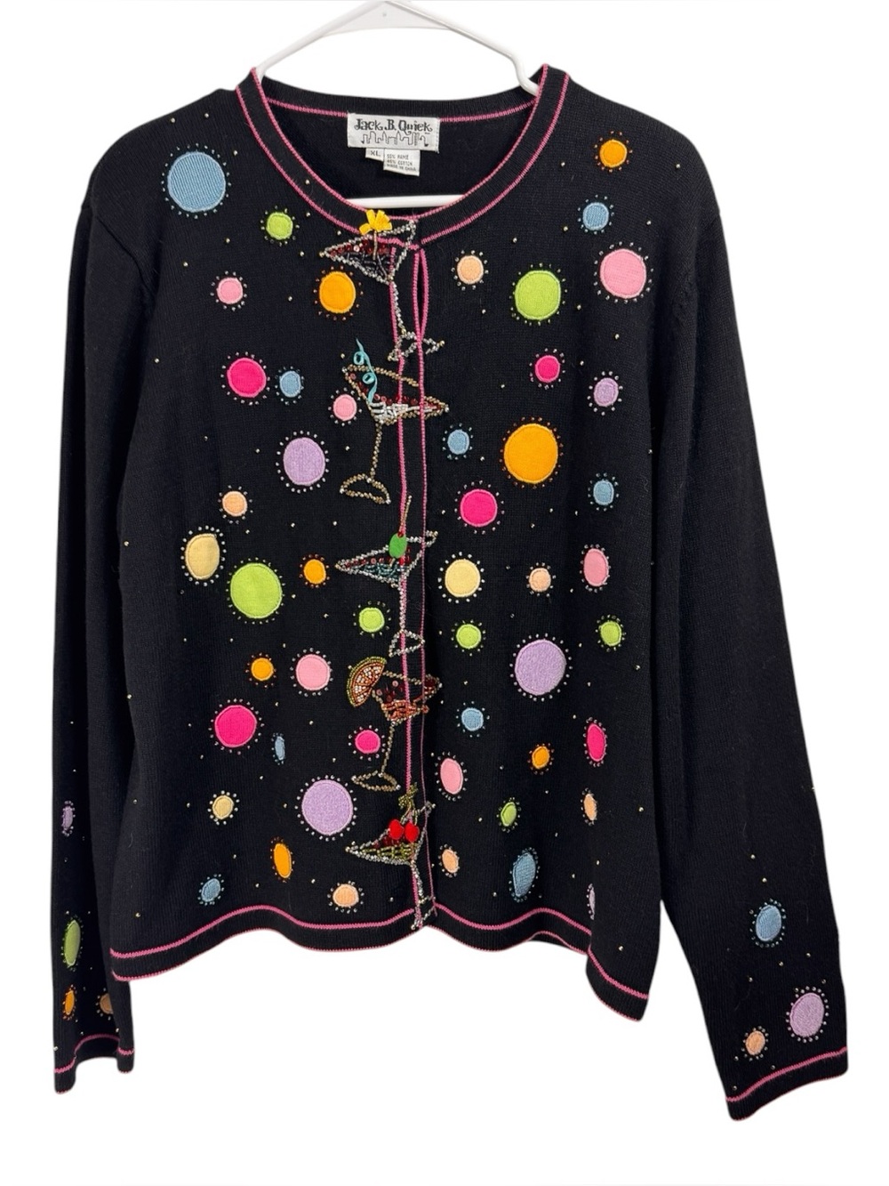 Vintage Jack B Quick Size XL Black Martini Party Polka Dot Cardigan Sweater Fun